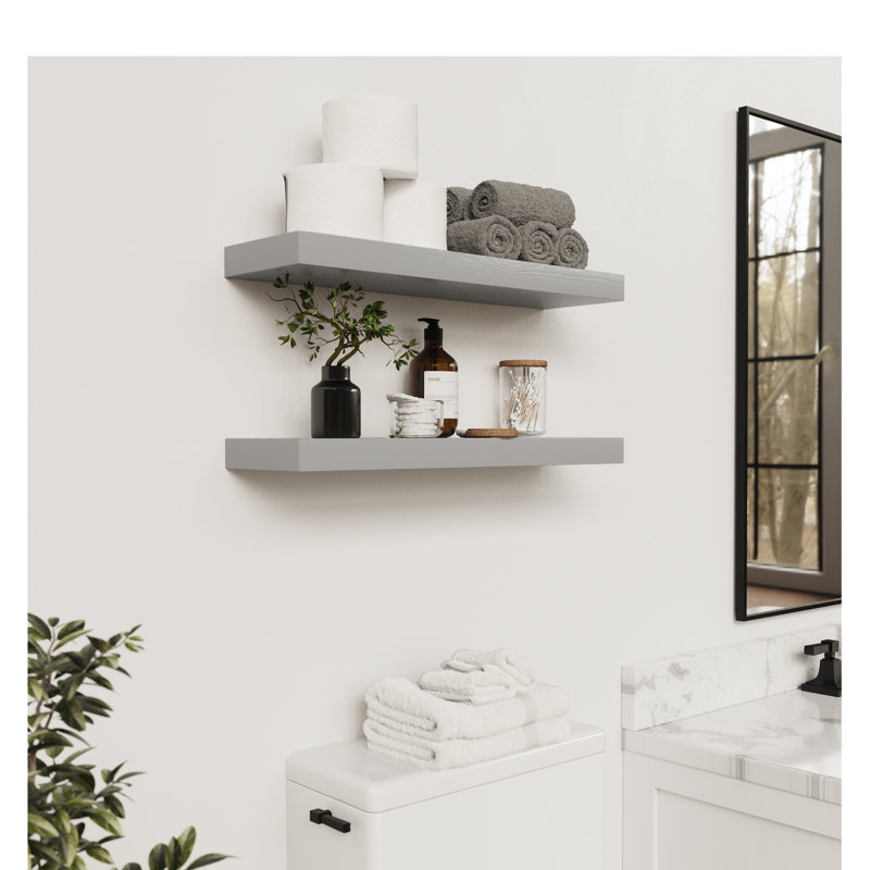 Tablettes flottantes en bois massif, tablettes en bois pour le rangement mural, 1.2" H x 24" W x 6.7" D, Gris patiné
