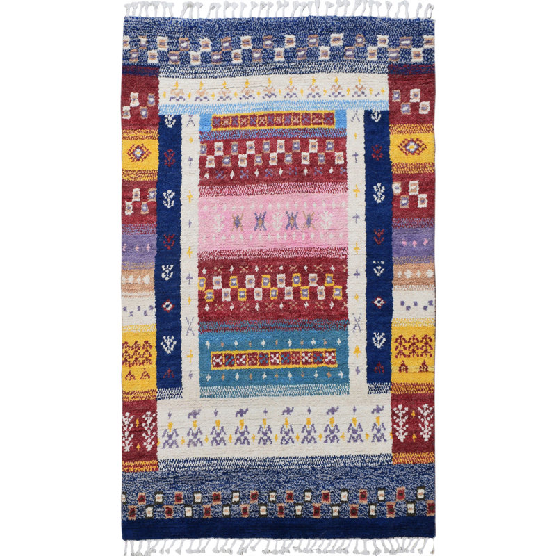 Tapis unique en laine noué à la main bleu / rouge nouvel âge 4 pi 10 po x 8 pi 6 po Nolee