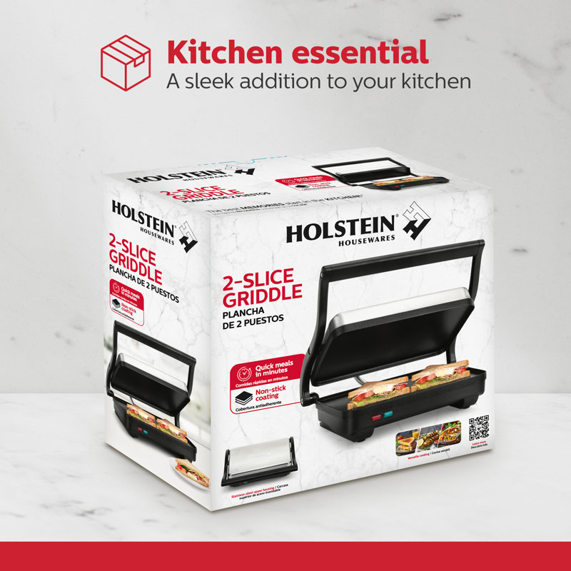 Holstein Housewares 10.2 in. Die Cast Aluminium and Stainless Steel Non Stick Electric Grill Sandwich Maker & Panini Press with Stainless Steel Lid