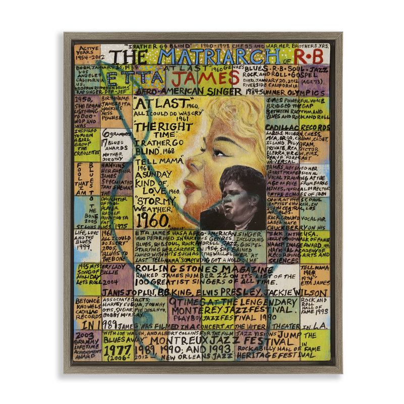 "Etta James", art mural encadré sur toile flottante par Sabin, H 21 po x l 17 po, Cadre flottant noir de jais