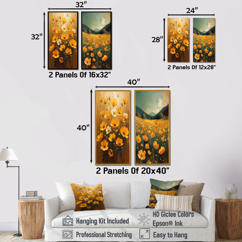 Ensemble de 2 pièces d'orange et d'or noir Meadow Bliss I - Buttercups, H 40 po x l 40 po, Toile tendue