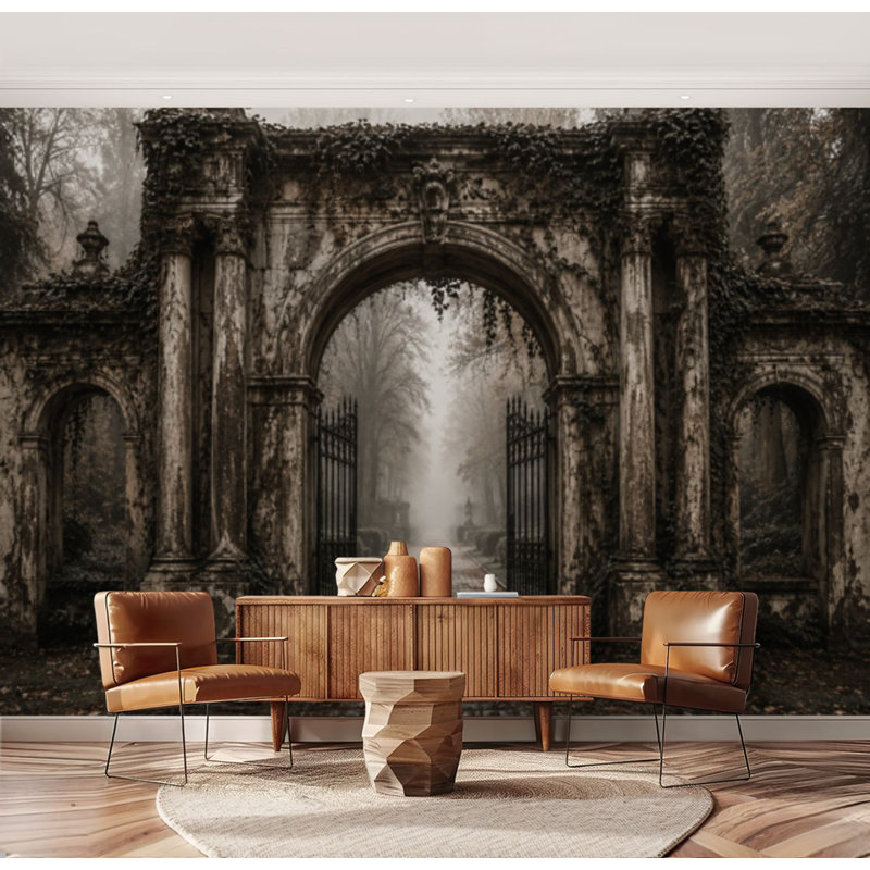 Papier peint auto-adhésif Mystical Overgrown Stone Archway Open Iron Foggy Landscape, 96" L x 69" W