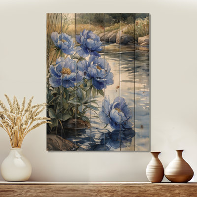Bleuet bleu pivoines au bord de la rivière I - Art mural en bois pivoines - sur bois de pin naturel