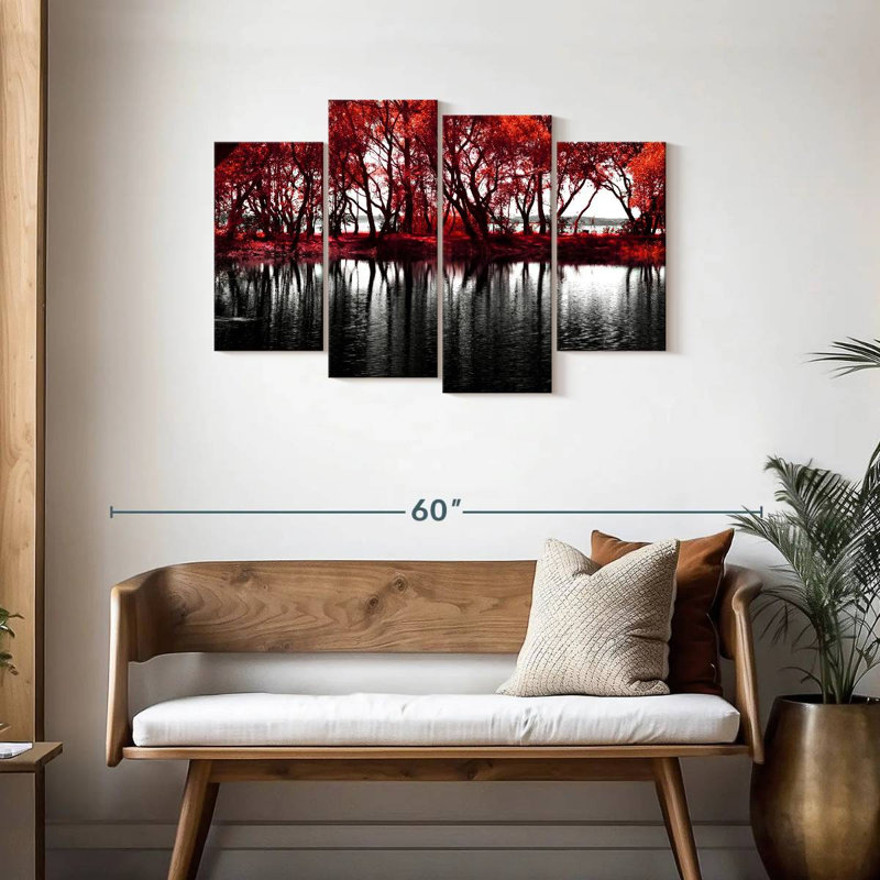 «Pop Lakeside Red Trees», reproduction d'art sur toile, H 27 po x l 43 po x P 1,25 po