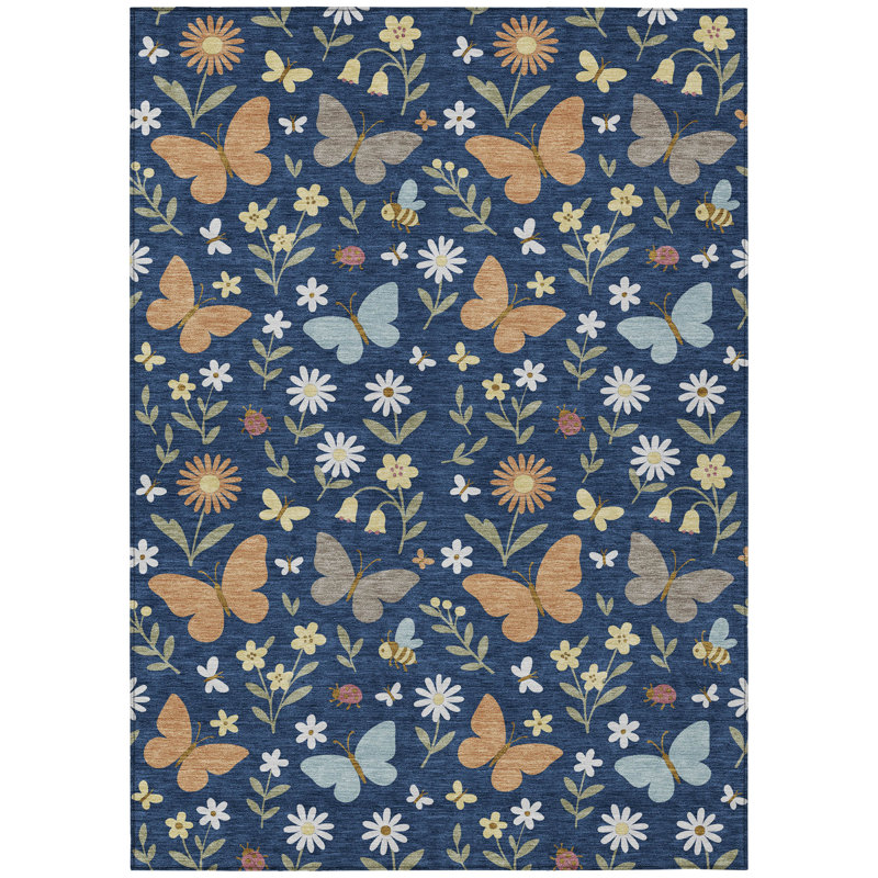 Machine Washable Indoor/Outdoor Chantille ACN2618 Kids Rug, Navy, 10' x 14'