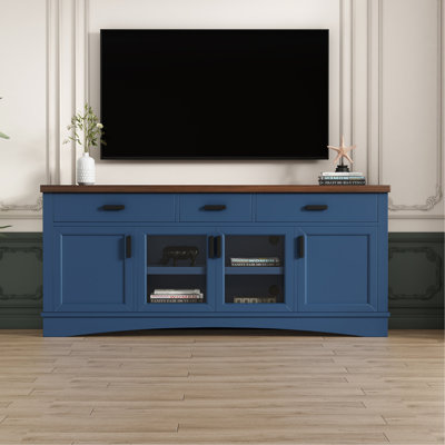 Modern Blue TV Console, 67" Width TV Stand, Glass Doors & Storage Drawers, Adjustable Shelves (Old SKU:N779P296233B)