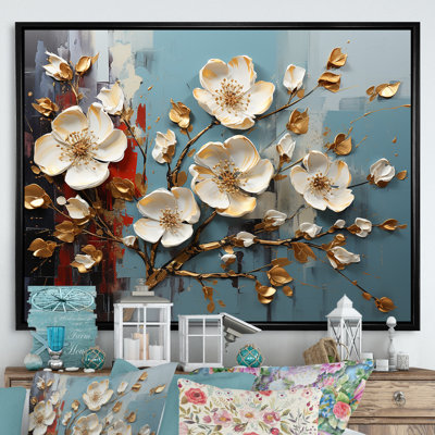 Fleurs blanches et bleues, coquelicots, arbre III - Art mural floral abstrait
