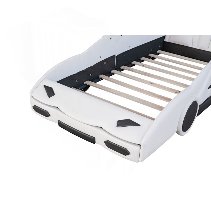 Lit plateforme simple en forme de voiture de course avec roues, blanc