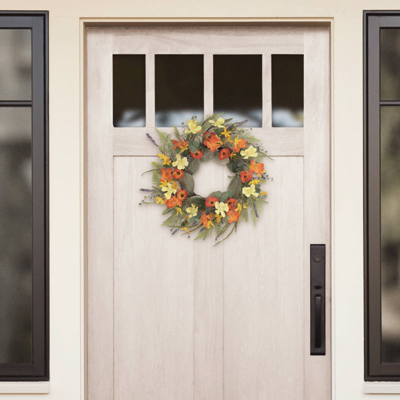 24" Artificial Dogwood And Poppy And Daisy Floral Spring Wreath