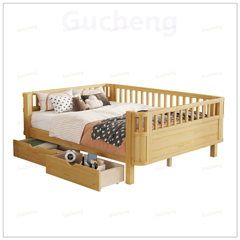 Lit plateforme en bois pour enfants avec rails et beaucoup de rangement, conception sécuritaire et polyvalente pour les enfants en pleine croissance