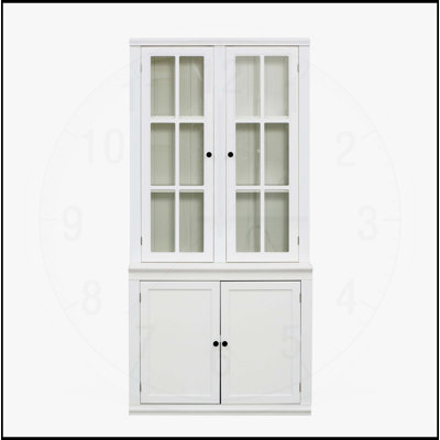 Garde-manger autoportant avec portes vitrées et solides, fenêtres en treillis et tablettes réglables pour la présentation et le rangement de la ferme, blanc