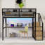 Grand lit mezzanine en métal avec bureau, escalier et station de charge, idéal pour les enfants et les adolescents, maximisant l'espace et la fonctionnalité-134229346-134229347