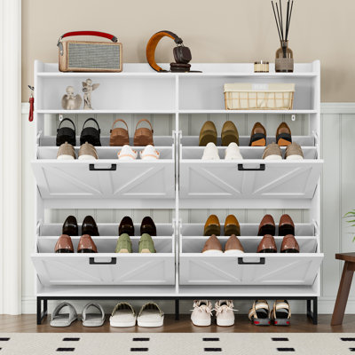 Modern Double-Layer Flip-Top Shoe Cabinet with Adjustable Shelves and Hooks Entryway Storage Cabinet