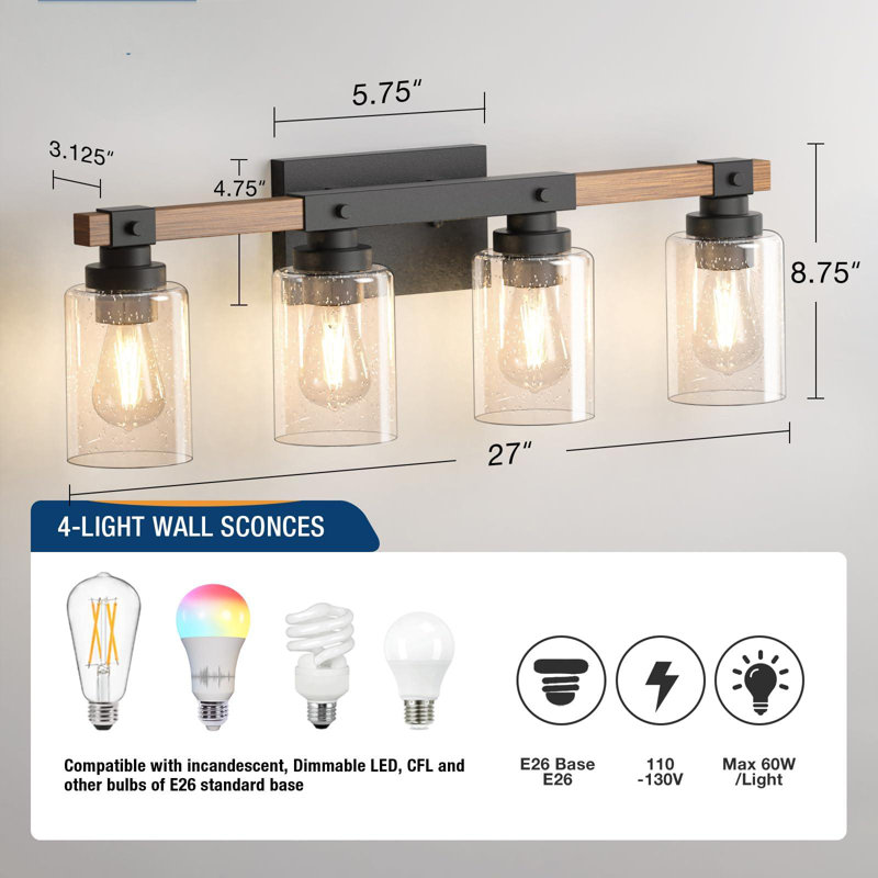 Luminaires de meuble-lavabo de salle de bain, lumières en bois peintes industrielles rustiques à 4 lumières, appliques murales noires rétro avec abat-jour en verre bullé