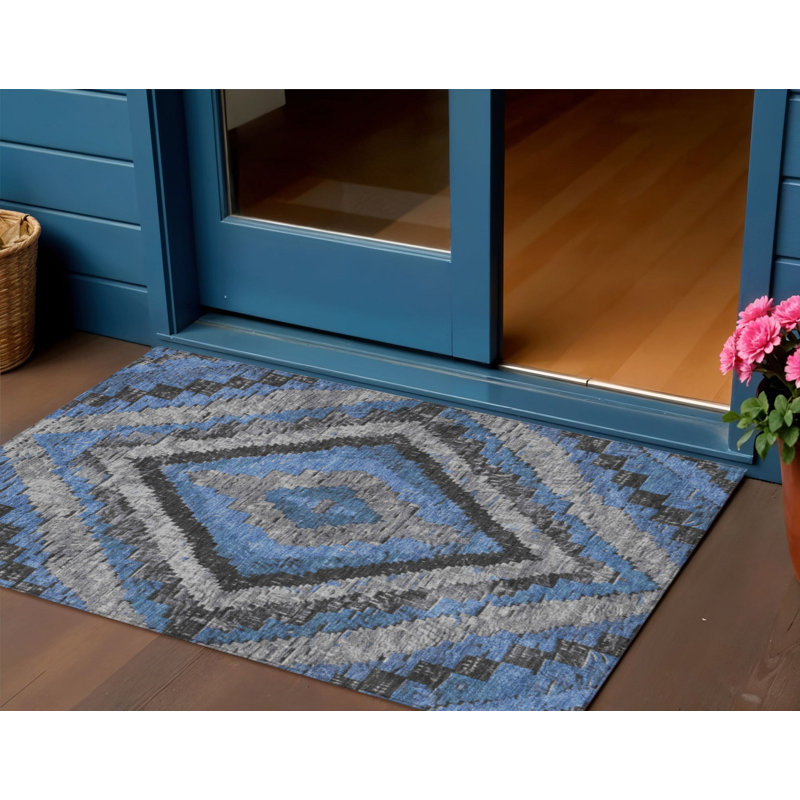 Tapis intérieur/extérieur lavable bleu et gris à motifs aztèques 90 x 150 cm