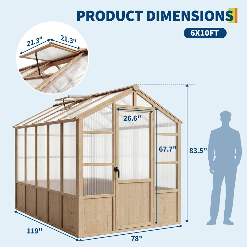 Large Cedar Wood Walk-In Greenhouse for Outdoor Garden with Lockable Door, Adjustable Roof Vent, Polycarbonate Panels & UV Protection for Backyard or Patio, 6x10 FT (Light Brown)