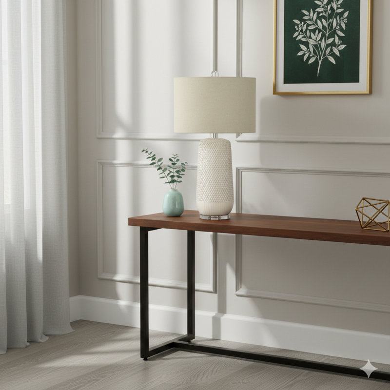 Lighting, H 31 po, lampe de table, céramique crème, abat-jour beige, contemporain