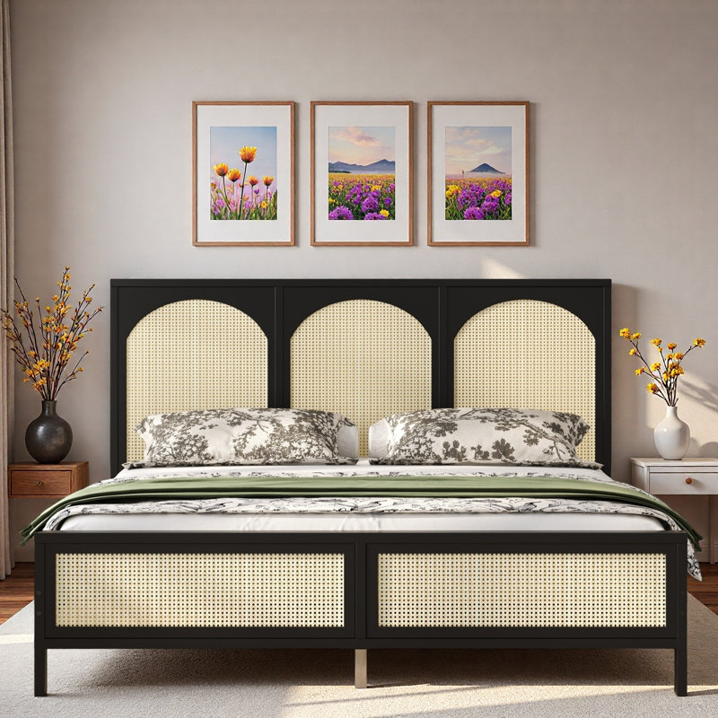 Wood Platform Bed With Rattan Headboard, Black, Queen