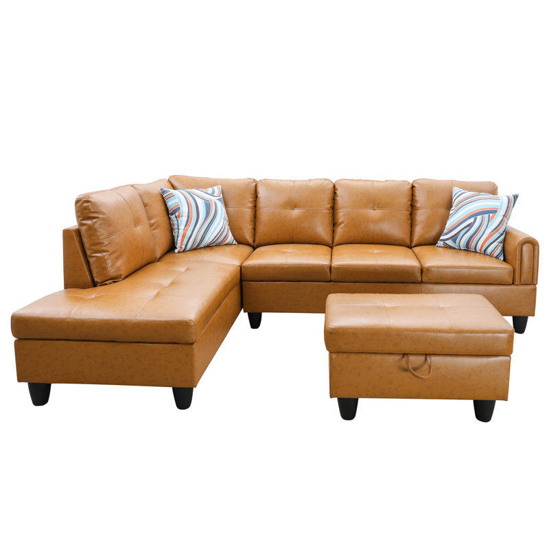 Jayzen 3 - Piece Vegan Sectional, Left Hand Facing, Black, Ginger Brown Leather