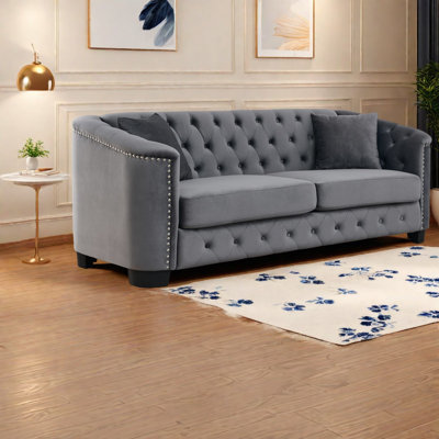 Élégant canapé en velours gris, canapé Chesterfield 3 places moderne pour le salon