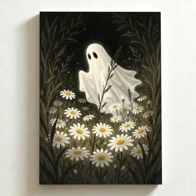 Tableau sur toile Halloween 61 x 91 cm. Silhouette fantomatique parmi les marguerites, ambiance sereine et poétique. Impression sur toile aux tons pastel doux. Décoration murale moderne pour chambre, salon et bureau.