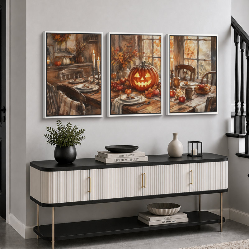«Rustic Jack O Lantern», art de la salle à manger, photos de la salle à manger, impression sur toile encadrée, impression sur toile, 3 pièces 