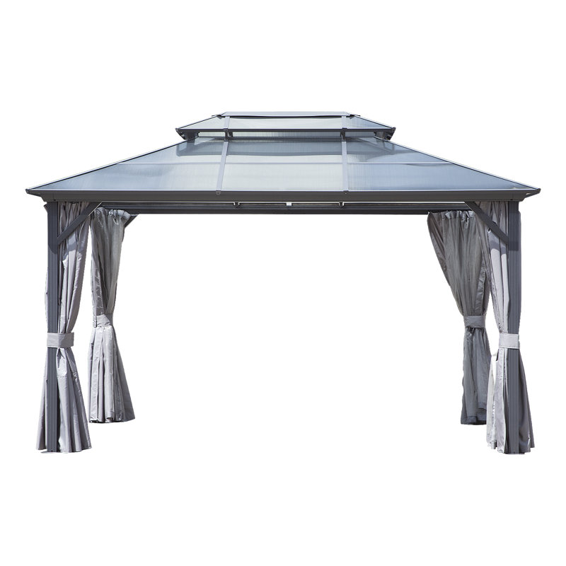 Pavillon de jardin 10 pi x 13 pi avec cadre en aluminium et toit en polycarbonate à double couche, avec moustiquaire et rideaux, idéal pour la cour et la terrasse