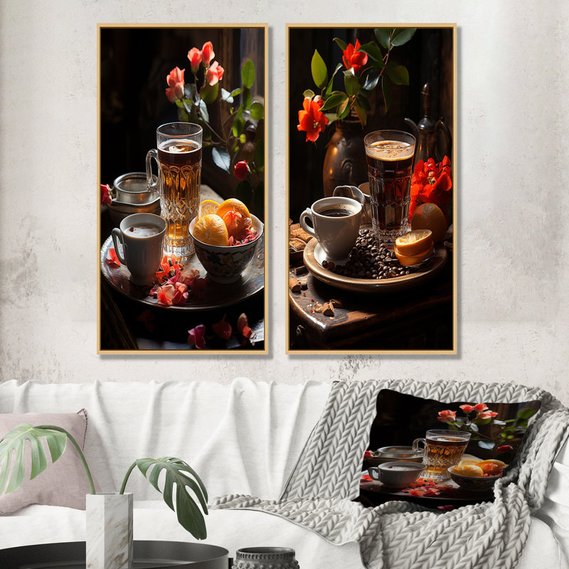 Aroma Cuban Coffee Harmony - ensemble d'art mural sur toile café et thé, H 40 po x l 41 po, Encadrement brun