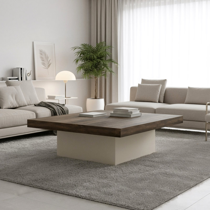 Caomhan Block Coffee Table, 12.2" H x 35.4" L x 35.4" W, Ivory/Knotty Oak