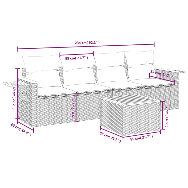  Ensemble de canapé de patio 5 pièces avec coussins en rotin de polyester noir