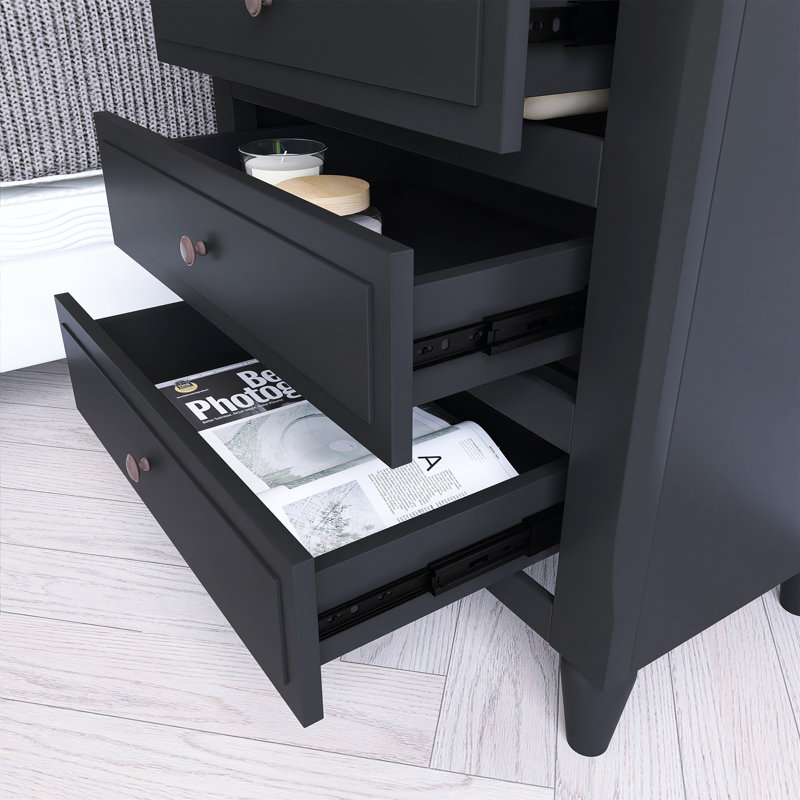 Table de chevet en pin avec 3 tiroirs et rails coulissants, Noir