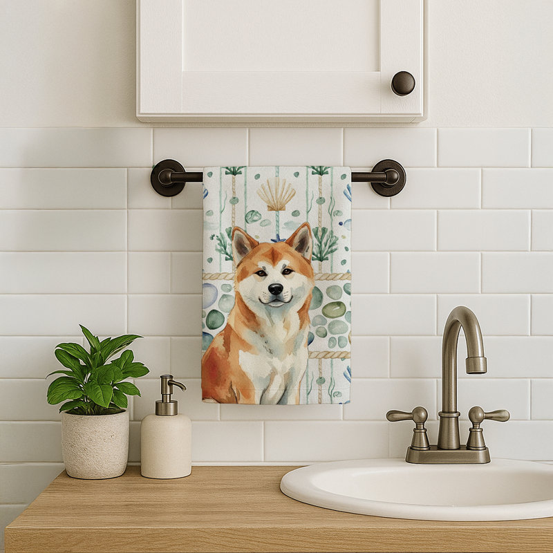 Red Akita Coastal Sea Glass Kitchen Towel, Red Akita