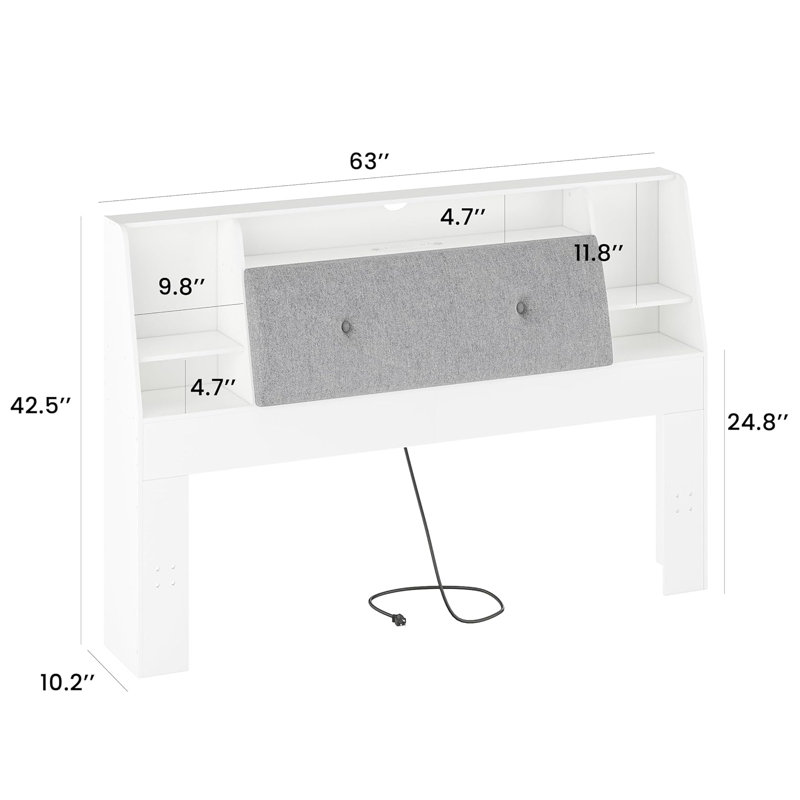 2 in 1 Bookcase Headboard With Charging Station & 2 Led Lights,Removeable Upholstered Panel, White, Queen