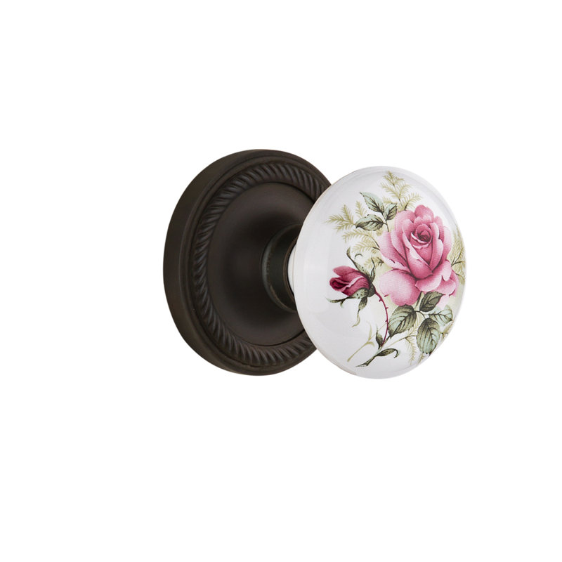 Rosette corde avec bouton de porte en porcelaine blanche, Bronze frotté à l'huile, 2-3/4"