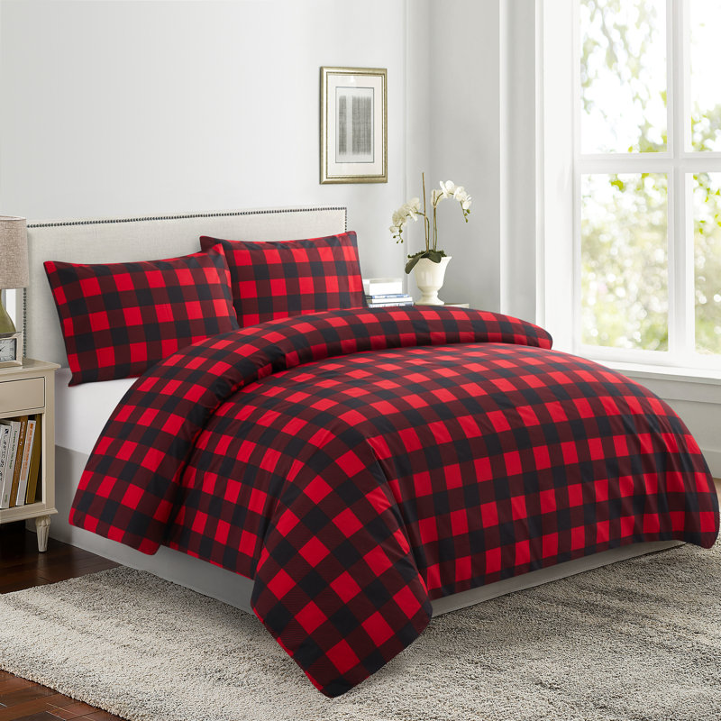 Marina Decoration Home Bedding Ensemble Bedroom Cooling Bedsheet Soft Deep Pocket 4 Piece Rayon from Bamboo Printed Fitted Sheet Duvet Cover Set with Corner Tie, Red Black Plaid Pattern King Size