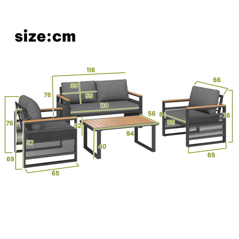 Grey Linen 4 Seater Garden Set With Plastic Wood Coffee Table & Handrail, Polyester Rope Outdoor Set With Sofa And Armchairs, Weatherproof Outdoor Patio Sofa