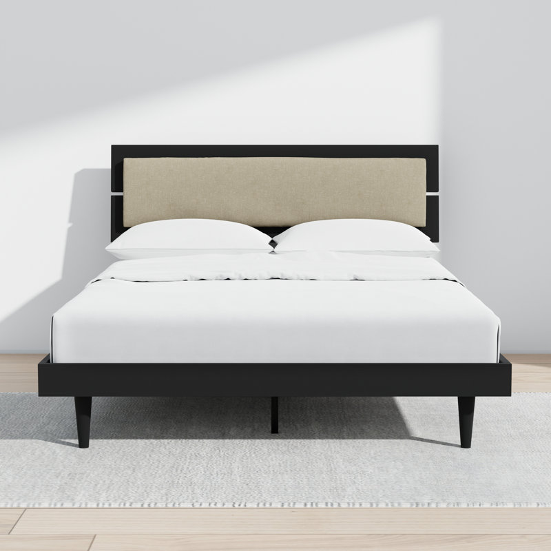 Benoni Wooden Bed With Taupe Cushion, Black, Queen
