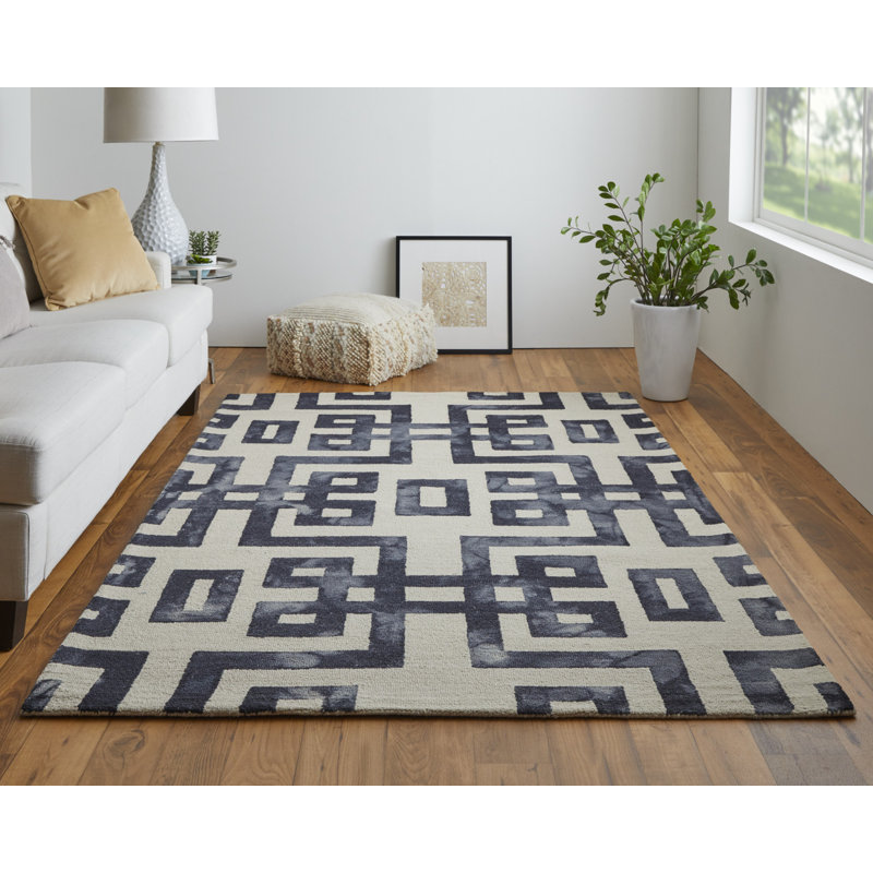Tapis touffeté à la main ivoire et noir en laine 2 pi x 3 pi, Rectangulaire 2 pi x 3 pi