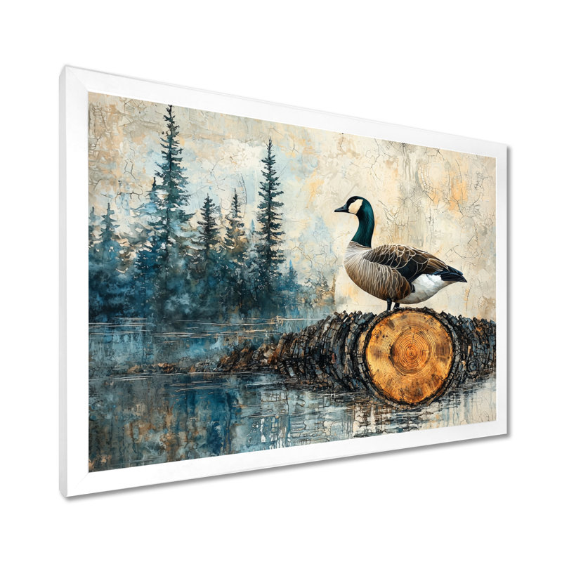 «Canadian Goose By The Lake I», art mural sur toile, H 30 po x l 40 po, Cadre flottant, Blanc