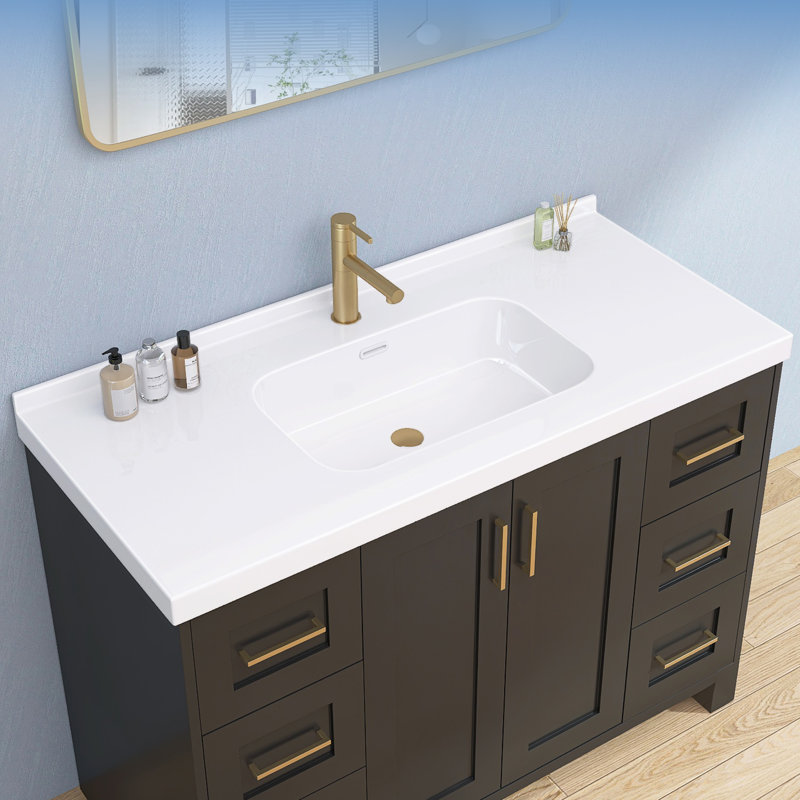 48 In. W X 22 In. D Solid Surface Rectangular Single Sink Vanity Top With Backsplash Bathroom Countertop In White