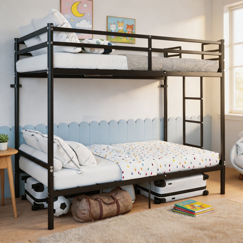 Lits superposés métalliques gain de place avec échelle et barrière de sécurité, deux lits simples superposés, style moderne