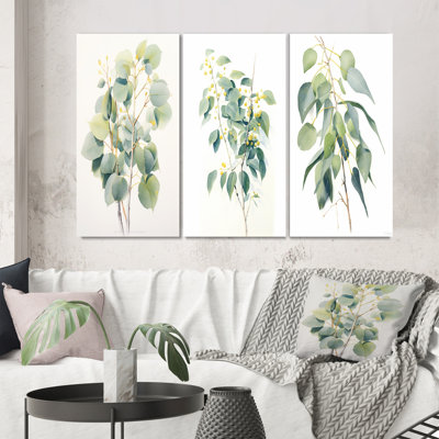 «Green White Minimalisme Eucalyptus Essence I», 3 pièces sur toile