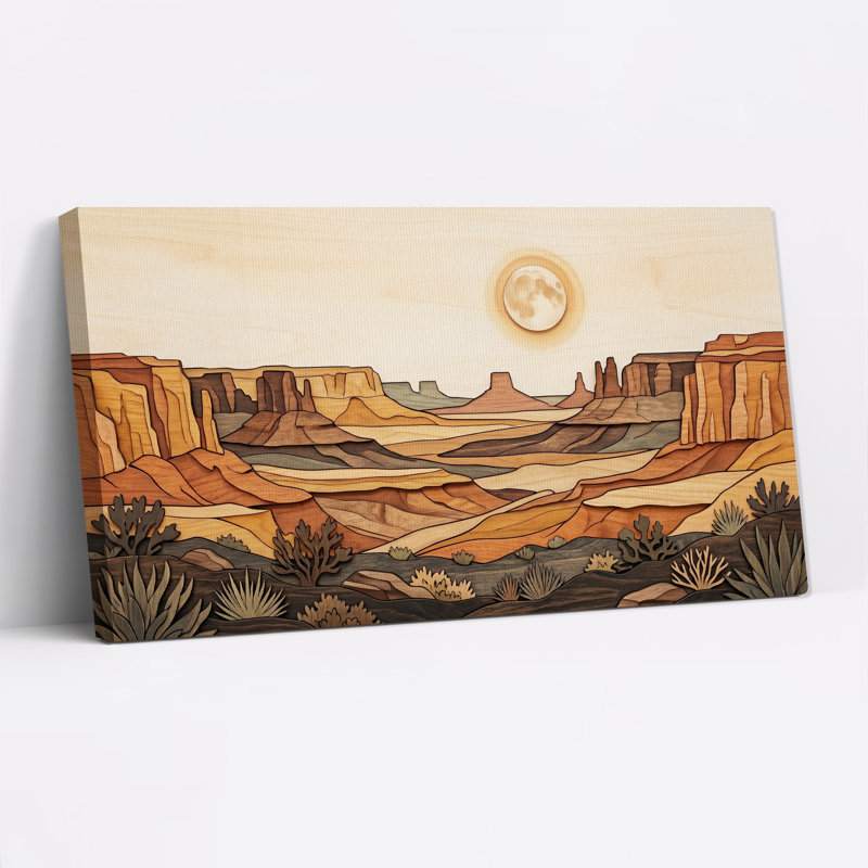 Tableau sur toile représentant un paysage de canyon désertique en bois superposé avec la lune, L 32 po x H 16 po