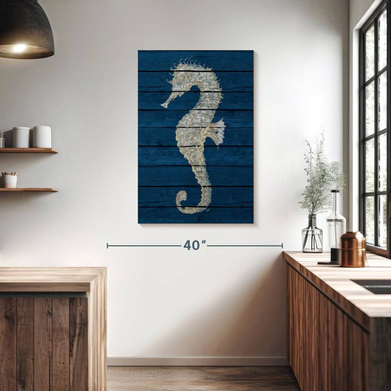 Hippocampe antique Brampt sur bleu II, H 39 po x l 26 po