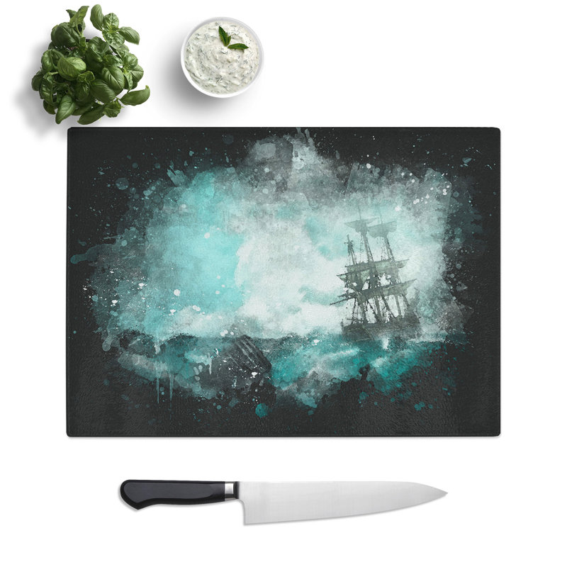 Tempered Glass Pirate Ship Sailing upon a Stormy Sea Chopping Board, 28.5 cm x 39 cm