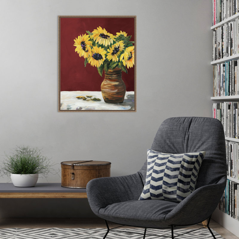 Tournesols encadrés sur toile par Julie Derice, H 28 po x l 23 po x P 2 po