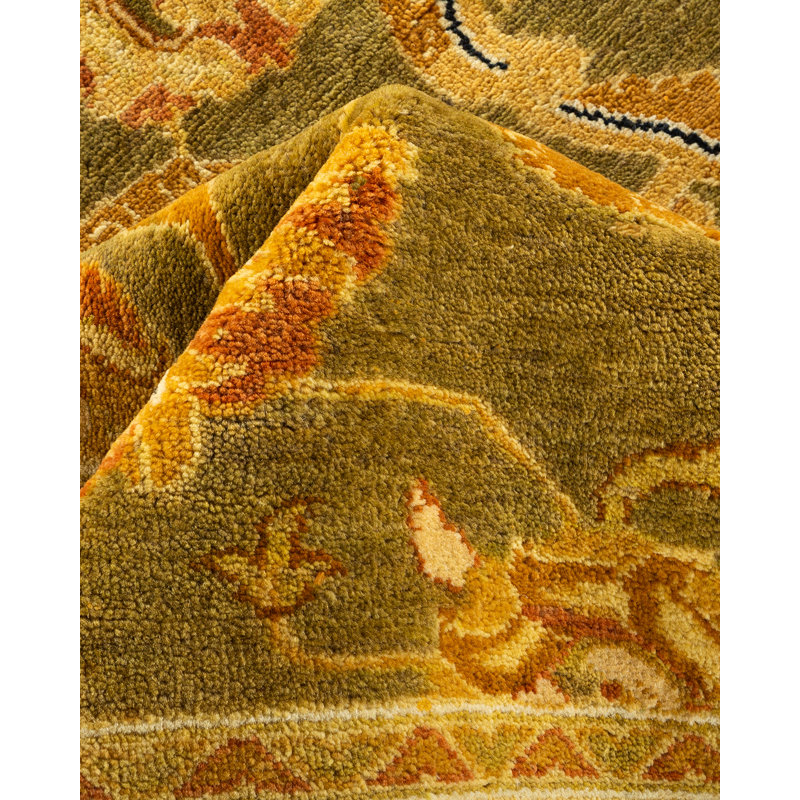 Tapis unique noué à la main Santra Eclectic - vert, 12 pi 1 po x 15 pi 3 po