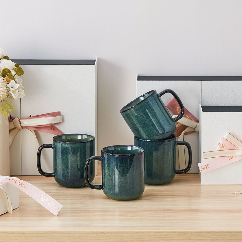 Set of 4 16oz Stoneware Mugs, Green Ceramic Coffee Cups with Straight Edge Design and Double-Sided Reactive Glaze Finish