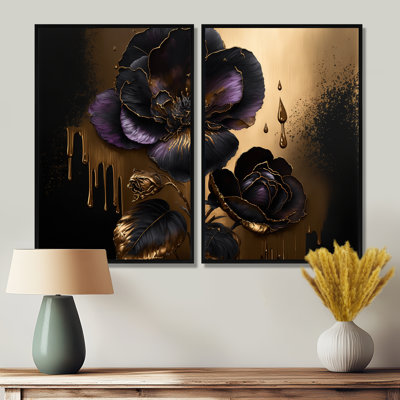 «Black and Gold Violets II - Large Violet», art mural sur toile 2 pièces