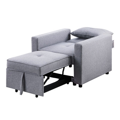 Gray Linen 34.06" Chair With Side Pocket And Convertible Sleeper Feature, Pull - Out 24"W X 46.5"D, Phone Pocket, Magazine/Tablet Pouch, 1 Pillow, Foam Filled Seats Coil Springs, 17" Seat Height,